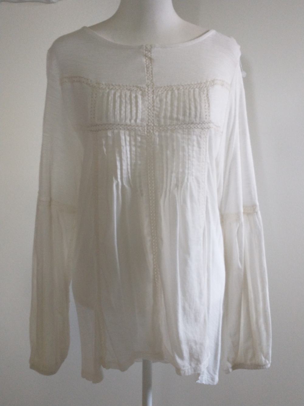 Boho White Peasant Blouse with Pintuck & Lace Trim